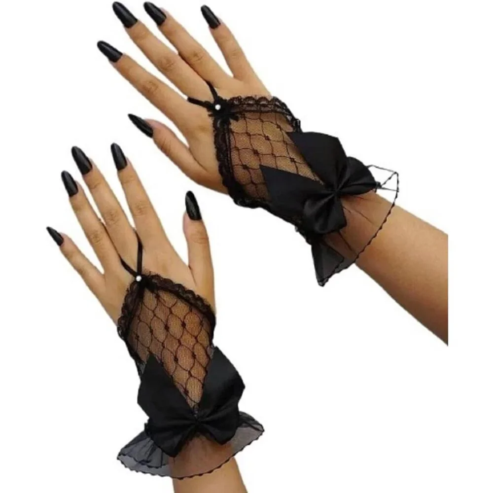 Women's Bow Gloves Fingerless Lace Mesh Sheer Gothic Tea Party Designed